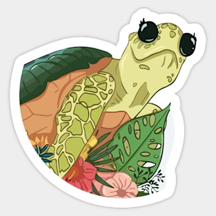 Comic Cartoon turtle With Grass And Flowers, Tortoise Lovers Sticker